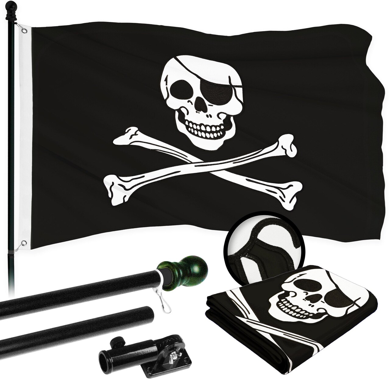 G128 Combo Pack: 5 Ft Tangle Free Aluminum Spinning Flagpole (Black) & Pirate Jolly Roger Bones Flag 2x3 Ft, ToughWeave Series Embroidered 300D Polyester | Pole with Flag Included